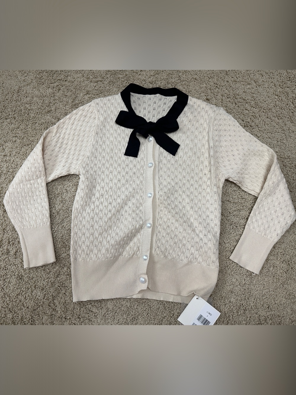 J.ING Cream Knit Cardigan with Black Neck Bow